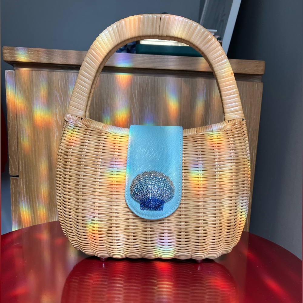 Eliza Gray designer wicker handbag with blue crystal seashell detail